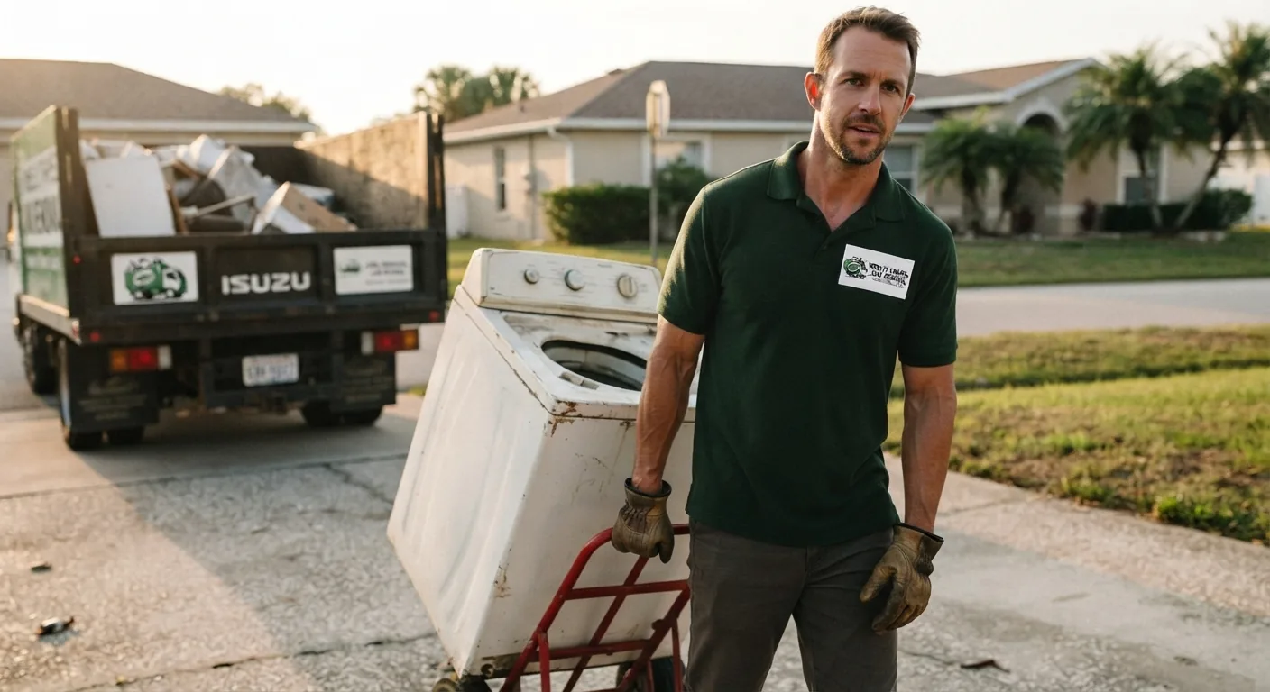 Worker loading old appliance for removal in Wesley Chapel