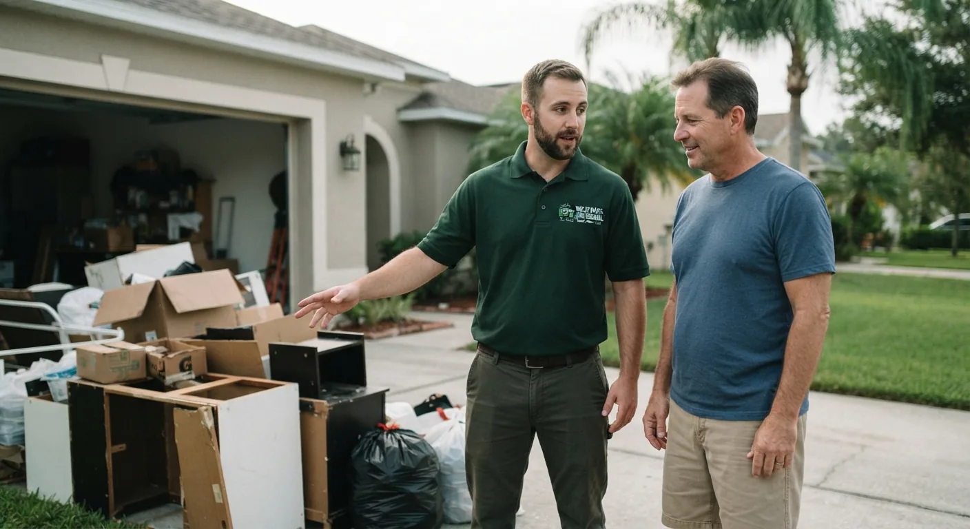 Junk removal worker reviewing job with Wesley Chapel homeowner